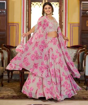 Designer Georgette Floral Print  Lehenga Choli  with Thread Embroidery and Sequins Work- Full stitched free size 4