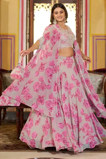 Designer Georgette Floral Print  Lehenga Choli  with Thread Embroidery and Sequins Work- Full stitched free size