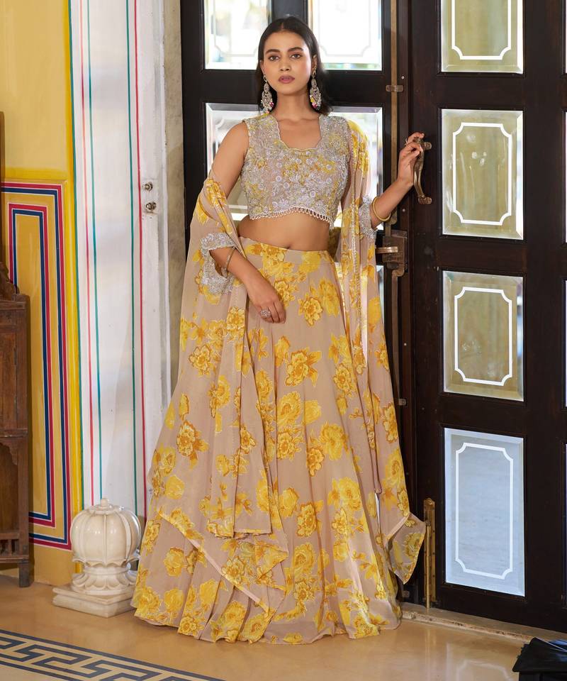 Designer Georgette Floral Print  Lehenga Choli  with Thread Embroidery and Sequins Work- Full stitched free size