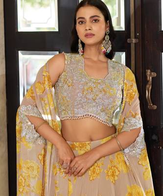 Designer Georgette Floral Print  Lehenga Choli  with Thread Embroidery and Sequins Work- Full stitched free size 2