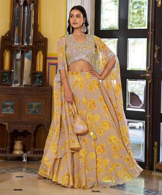 Designer Georgette Floral Print  Lehenga Choli  with Thread Embroidery and Sequins Work- Full stitched free size 4