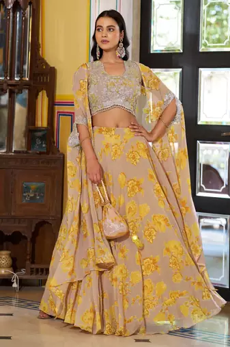 Designer Georgette Floral Print  Lehenga Choli  with Thread Embroidery and Sequins Work- Full stitched free size