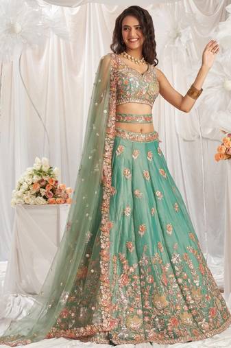 lovely green fendy fabric zari sequence embroidered indian wedding lattest designer lehenga choli wedding lehenga