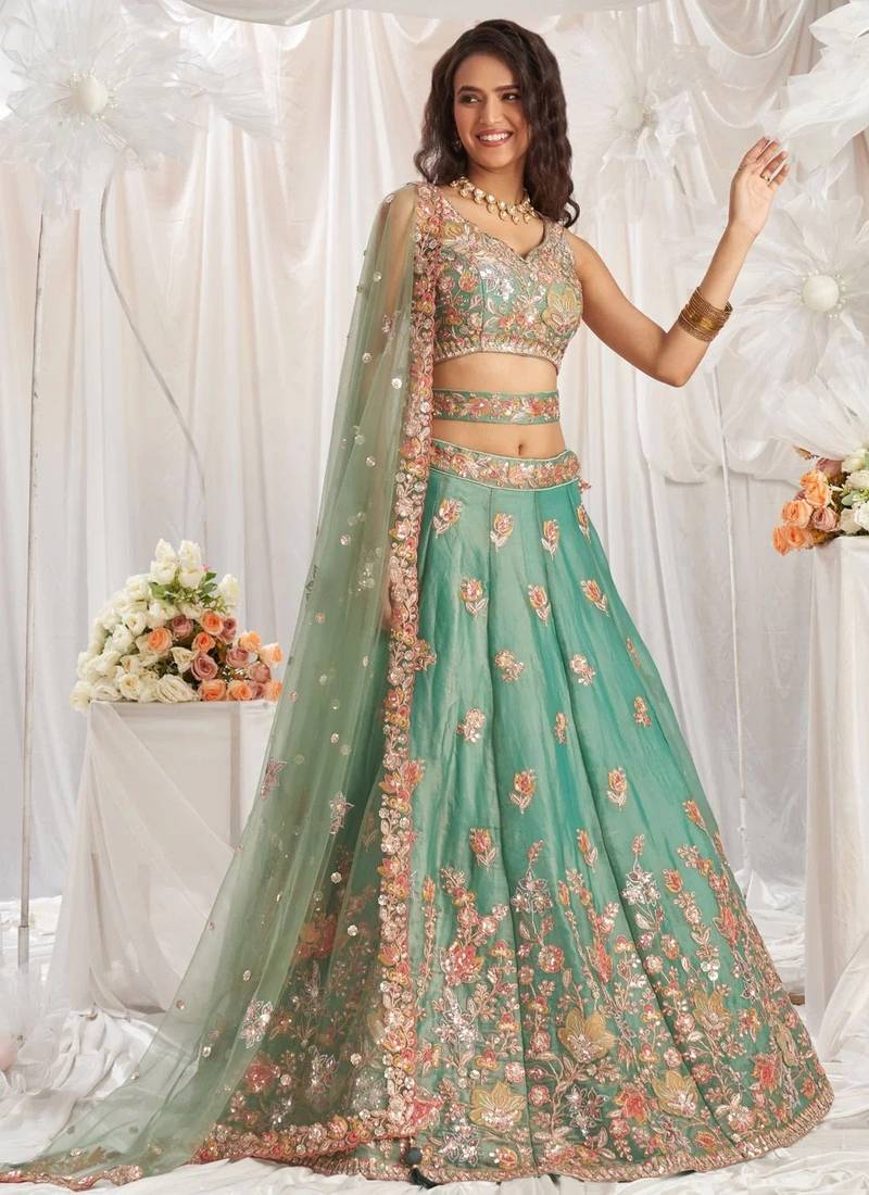 lovely green fendy fabric zari sequence embroidered indian wedding lattest designer lehenga choli wedding lehenga