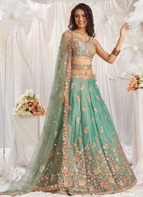 lovely green fendy fabric zari sequence embroidered indian wedding lattest designer lehenga choli wedding lehenga 1