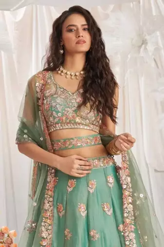 lovely green fendy fabric zari sequence embroidered indian wedding lattest designer lehenga choli wedding lehenga
