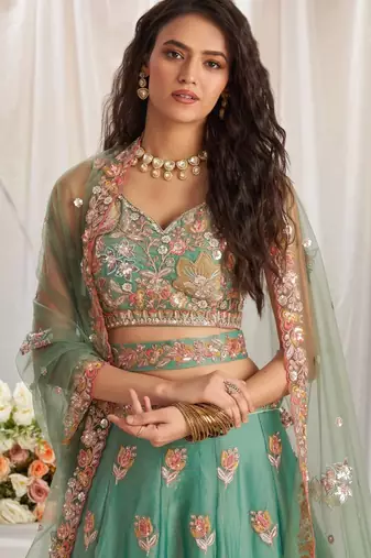 lovely green fendy fabric zari sequence embroidered indian wedding lattest designer lehenga choli wedding lehenga