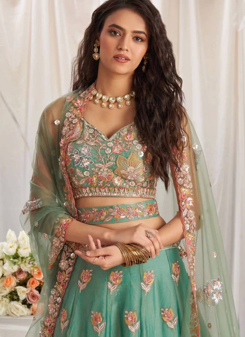 lovely green fendy fabric zari sequence embroidered indian wedding lattest designer lehenga choli wedding lehenga
