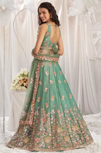 lovely green fendy fabric zari sequence embroidered indian wedding lattest designer lehenga choli wedding lehenga