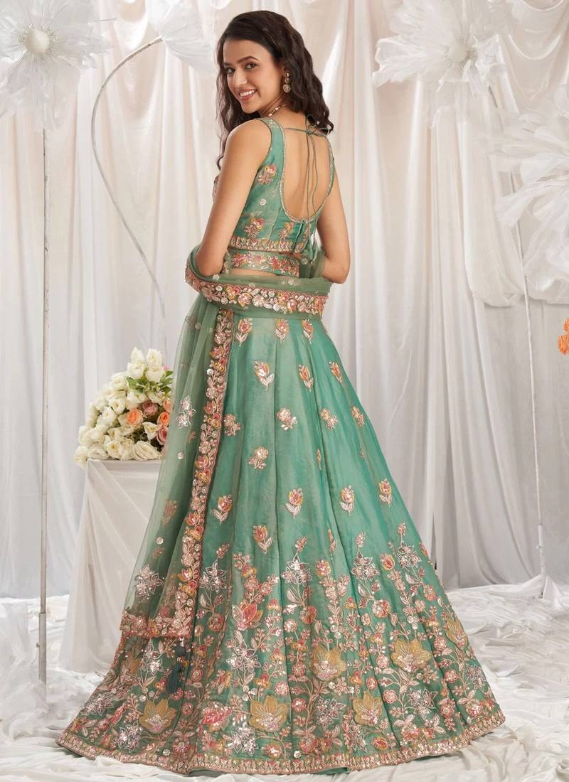 lovely green fendy fabric zari sequence embroidered indian wedding lattest designer lehenga choli wedding lehenga