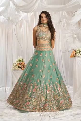 lovely green fendy fabric zari sequence embroidered indian wedding lattest designer lehenga choli wedding lehenga