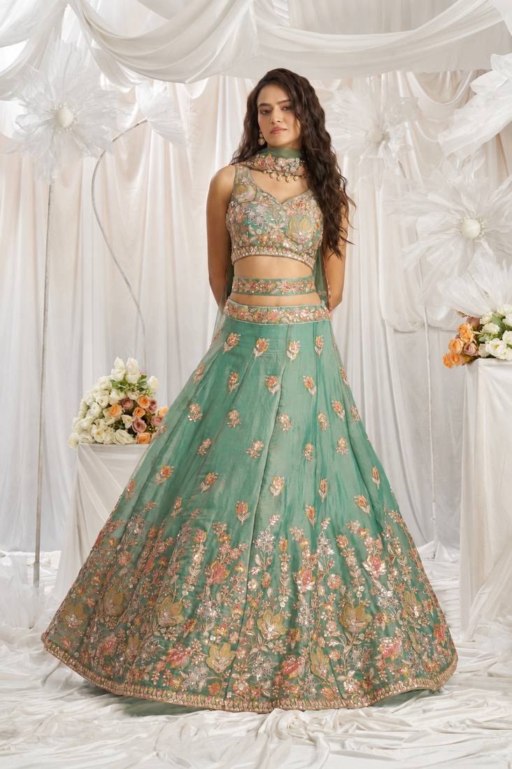 lovely green fendy fabric zari sequence embroidered indian wedding lattest designer lehenga choli wedding lehenga