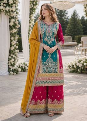 Teal and maroon embroidered viscose chinon salwar suit 1