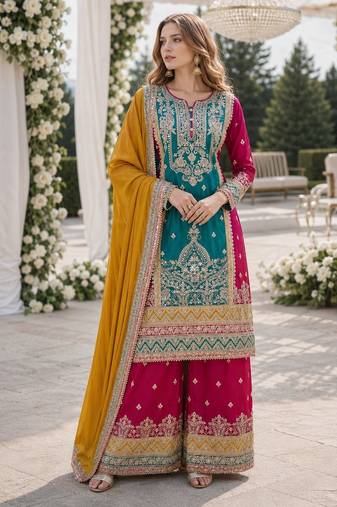 Teal and maroon embroidered viscose chinon salwar suit