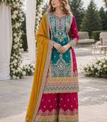 Teal and maroon embroidered viscose chinon semi stitched salwar suit