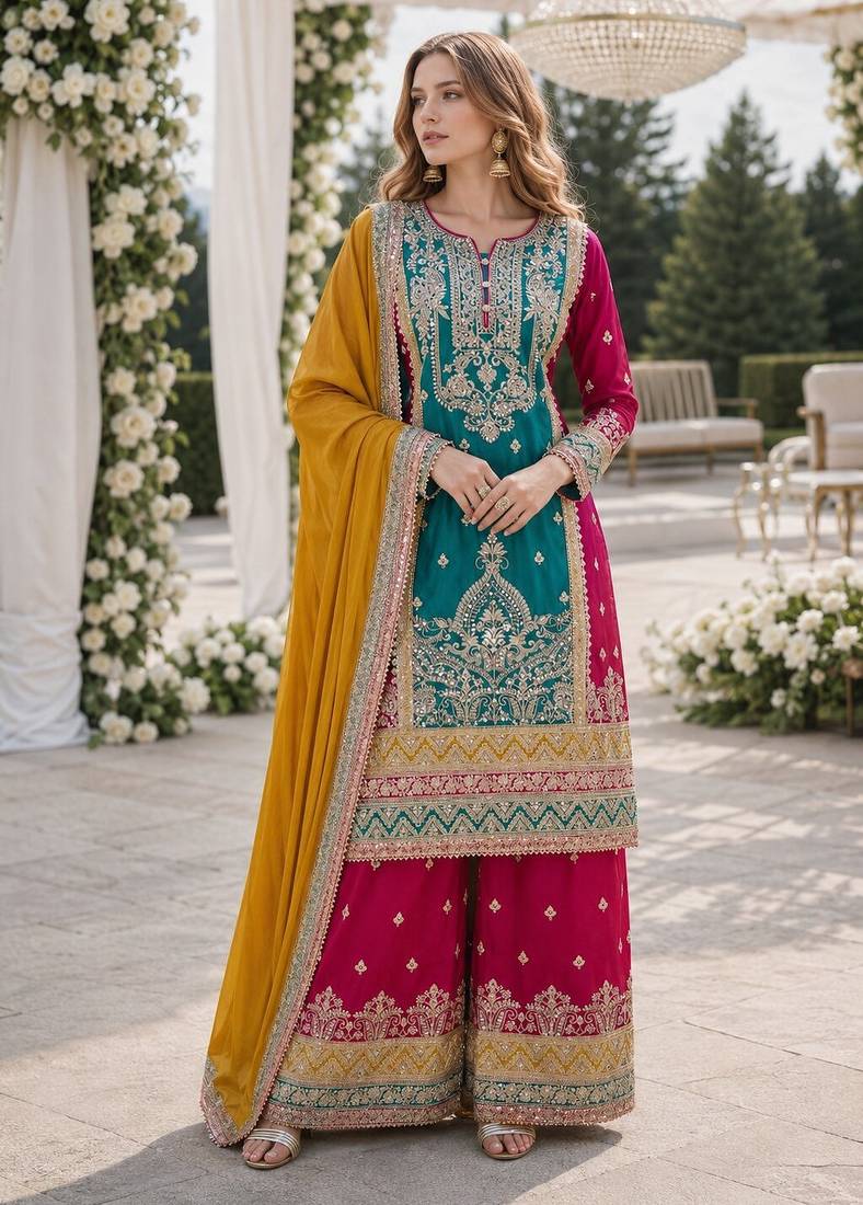 Teal and maroon embroidered viscose chinon semi stitched salwar suit