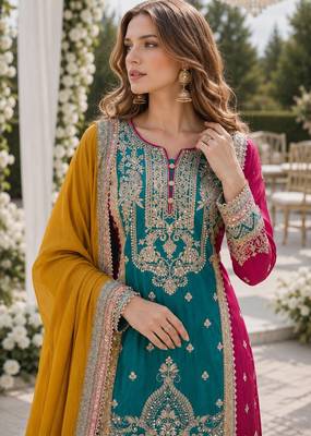 Teal and maroon embroidered viscose chinon salwar suit 2