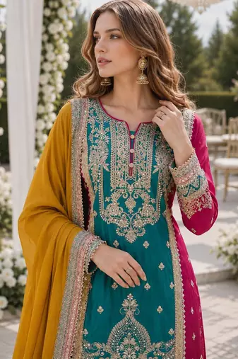 Teal and maroon embroidered viscose chinon semi stitched salwar suit