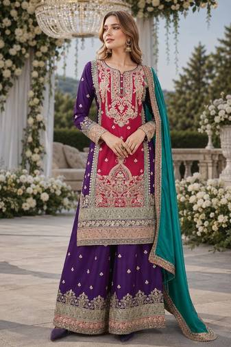 Maroon and wine embroidered viscose chinon salwar suit