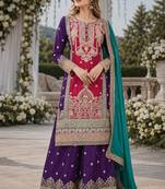 Maroon and wine embroidered viscose chinon semi stitched salwar suit