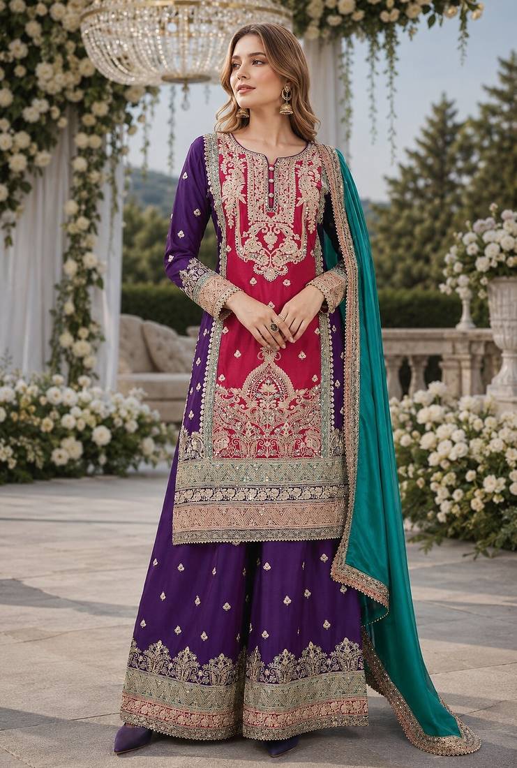 Maroon and wine embroidered viscose chinon semi stitched salwar suit