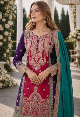 Maroon and wine embroidered viscose chinon salwar suit 2