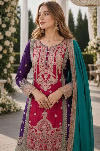 Maroon and wine embroidered viscose chinon semi stitched salwar suit