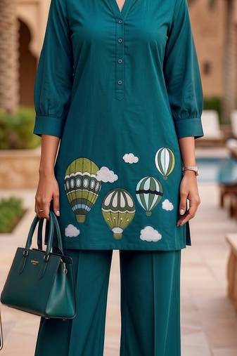  rama cotton kurta with hot air balloon embroidery and matching trousers
