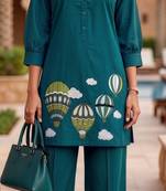 Trendy solid rama cotton kurta with hot air balloon embroidery and matching trousers