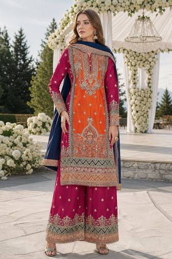 Orange and pink embroidered viscose chinon salwar suit