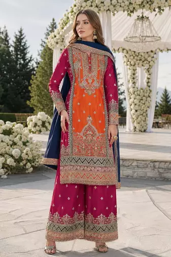 Orange and pink embroidered viscose chinon semi stitched salwar suit