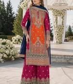 Orange and pink embroidered viscose chinon semi stitched salwar suit