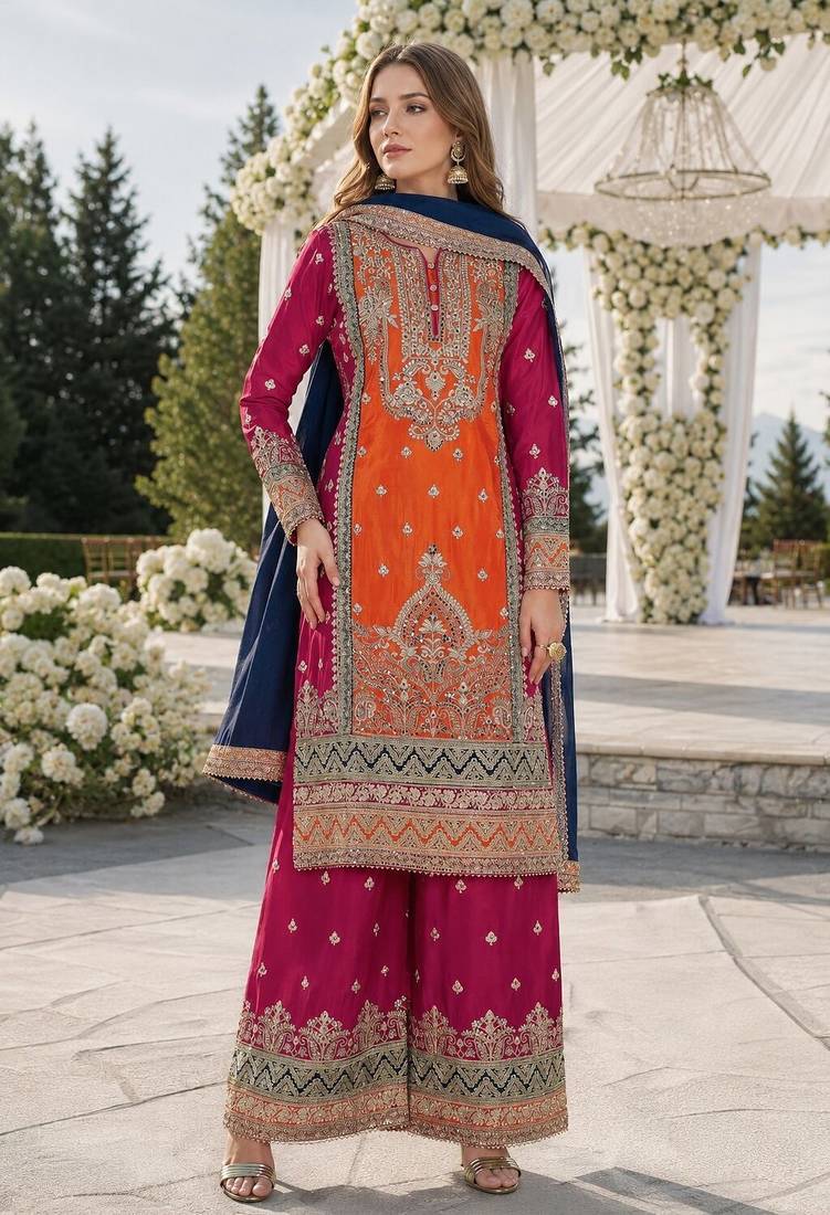 Orange and pink embroidered viscose chinon semi stitched salwar suit