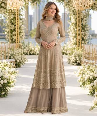 Beige heavy georgette free size stitched suit with sequin & diamond work 1