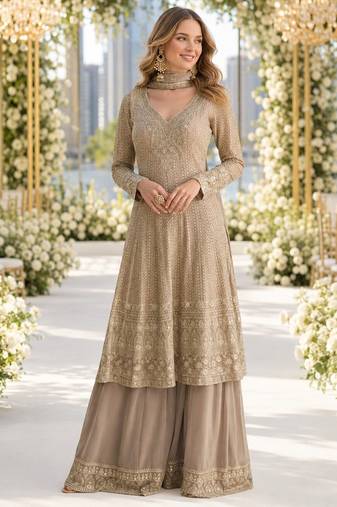 Beige heavy georgette free size stitched suit with sequin & diamond work
