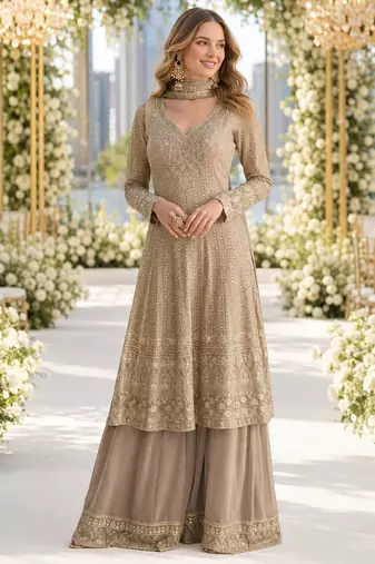 Beige heavy georgette free size stitched suit with sequin & diamond work