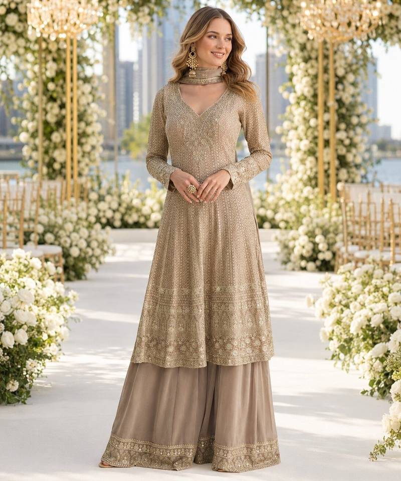 Beige heavy georgette free size stitched suit with sequence & diamond work