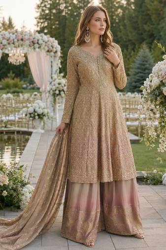 Beige heavy georgette free size stitched suit with sequence & diamond work