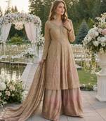 Beige heavy georgette free size stitched suit with sequence & diamond work