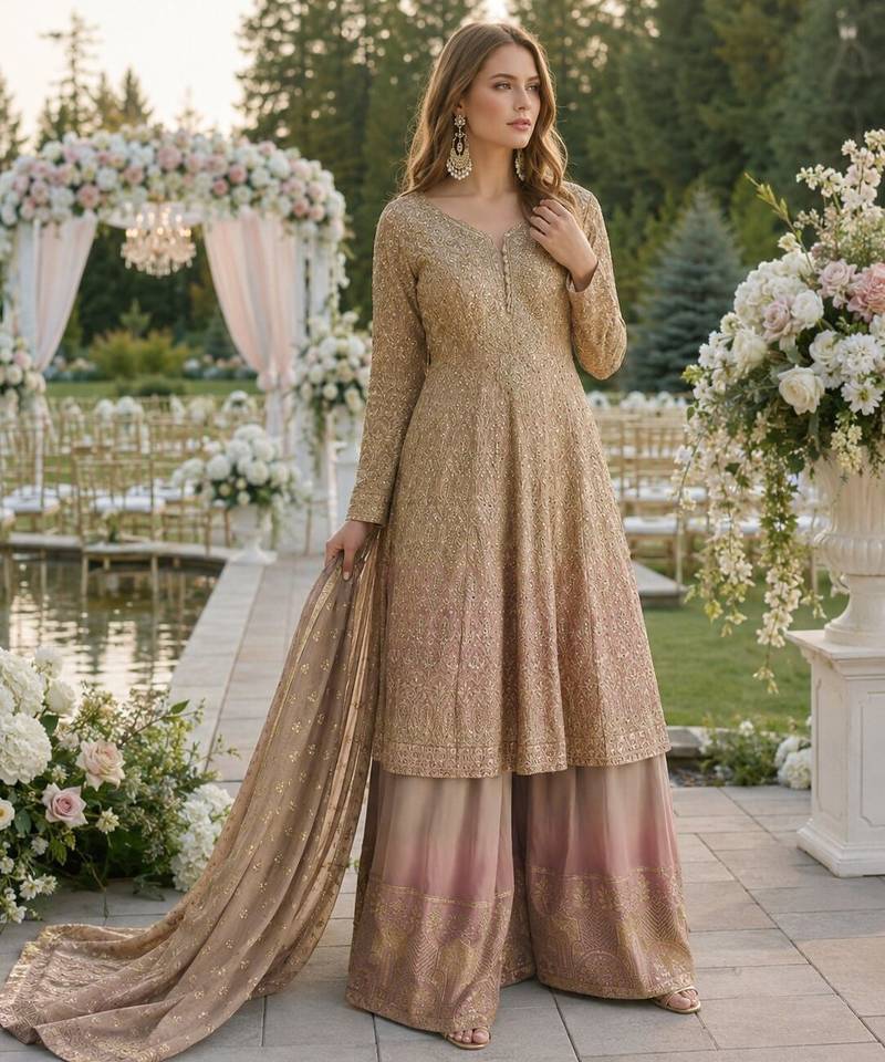 Beige heavy georgette free size stitched suit with sequence & diamond work
