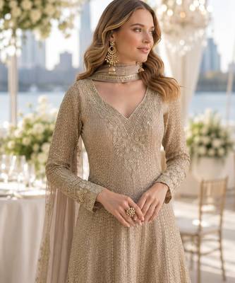 Beige heavy georgette free size stitched suit with sequin & diamond work 2