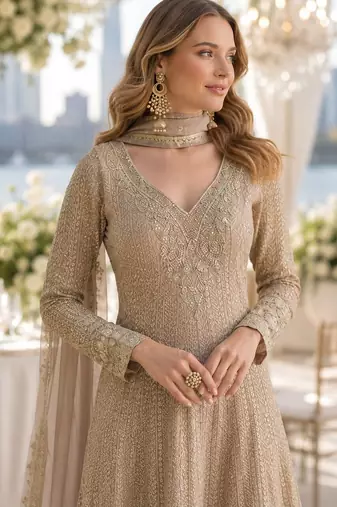 Beige heavy georgette free size stitched suit with sequin & diamond work