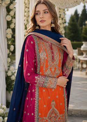 Orange and pink embroidered viscose chinon salwar suit 2