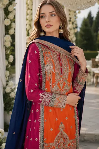 Orange and pink embroidered viscose chinon semi stitched salwar suit