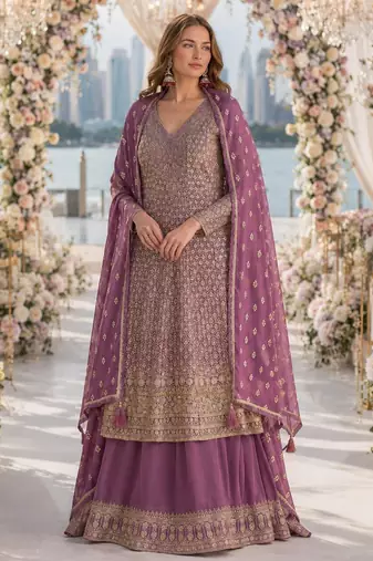 Lavender heavy georgette free size stitched suit with sequence & diamond work