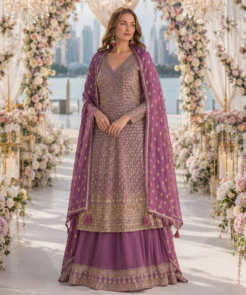 Lavender heavy georgette free size stitched suit with sequence & diamond work