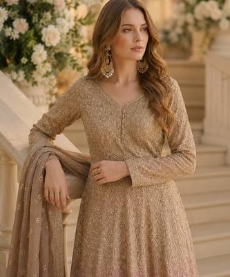 Beige heavy georgette free size stitched suit with sequence & diamond work 2
