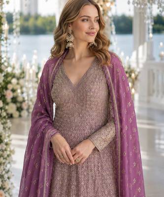 Lavender heavy georgette free size stitched suit with sequin & diamond work 2