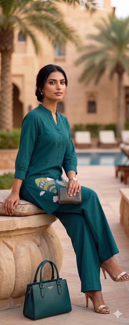 Trendy solid rama cotton kurta with hot air balloon embroidery and matching trousers