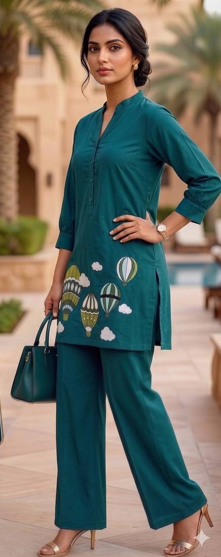 Trendy solid rama cotton kurta with hot air balloon embroidery and matching trousers